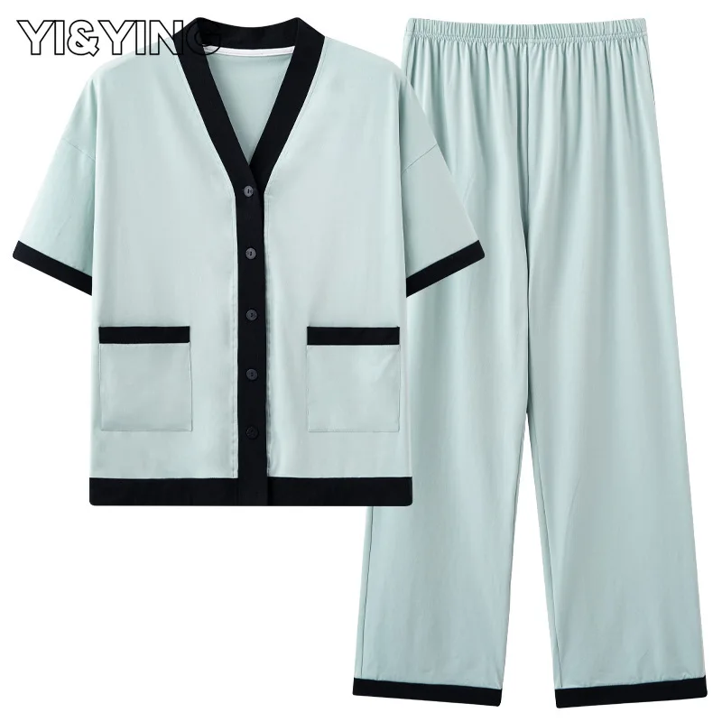 

Spring Stretcher Cotton Pajamas, Women's Short Sleeved Long Pants, Autumn and Summer Pure Color Home Clothing WAZC001
