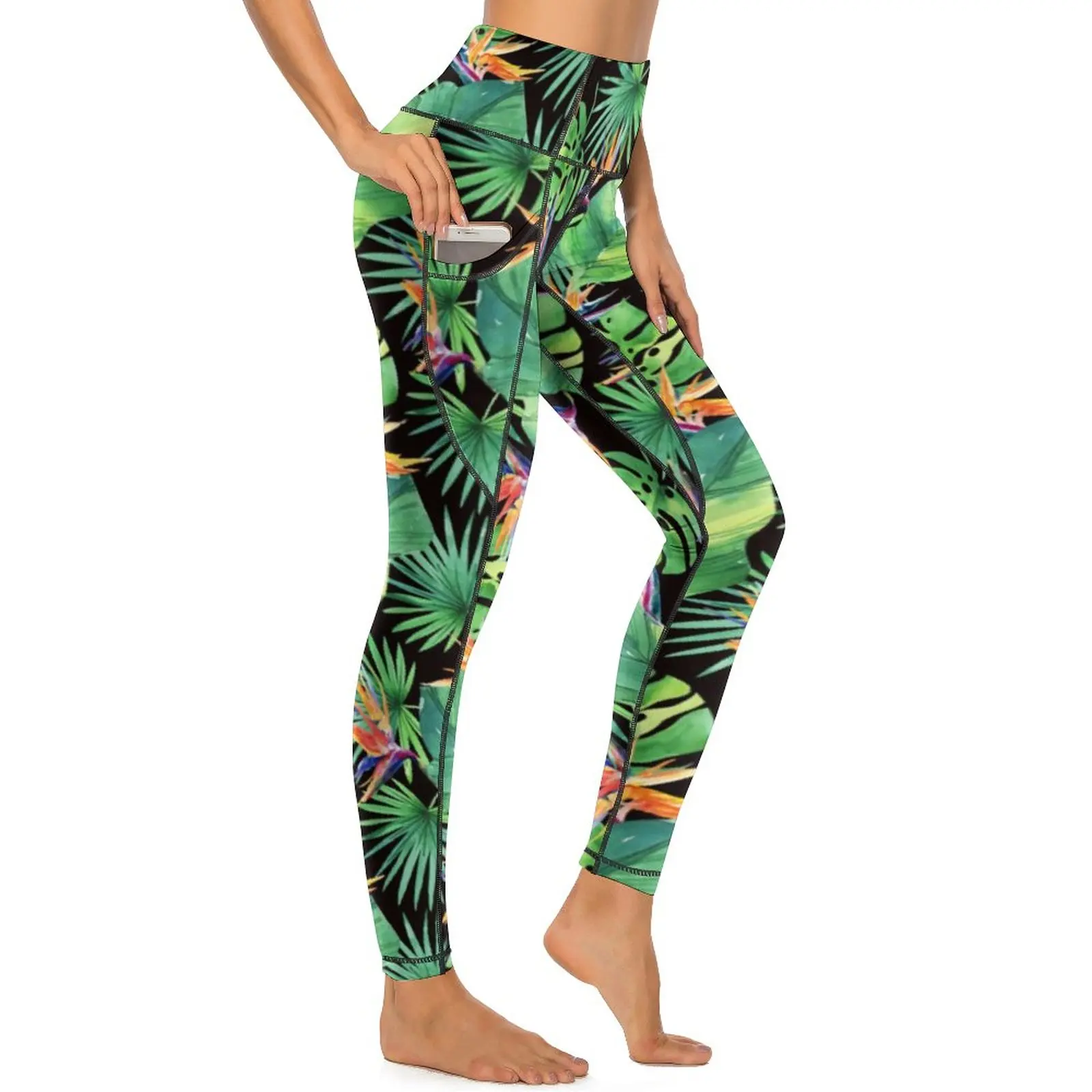 

Леггинсы для йоги с тропическим принтом джунглей, пикантные леггинсы с завышенной талией для спортзала, женские кавайные эластичные спортивные колготки