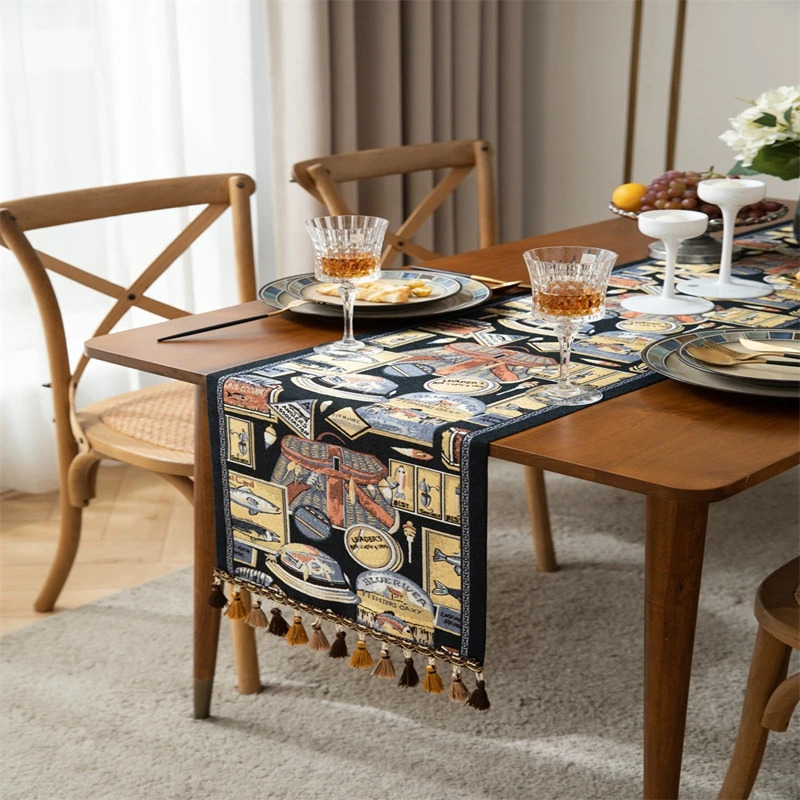 

American Retro Table Runner With Tassel Yarn-Dyed Jacquard Creative Geometric Home Tablecloth Flag Drawer Cover Towel 35x300CM