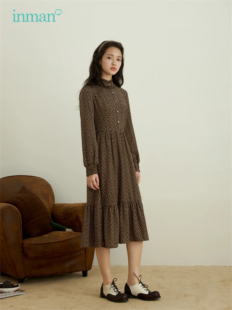 Женское платье INMAN весеннее винтажное для женщин с деревянными ушками стоячим