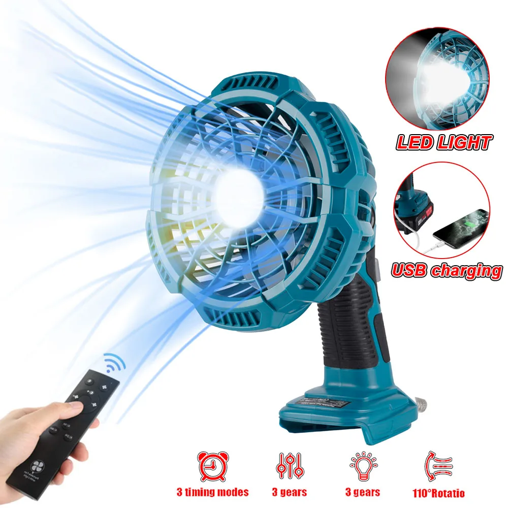 

Portable Multifunction Cordless Fan Light Working Lamp 3 Gear With Remote Control LED Light USB Output For Makita 18v Battery