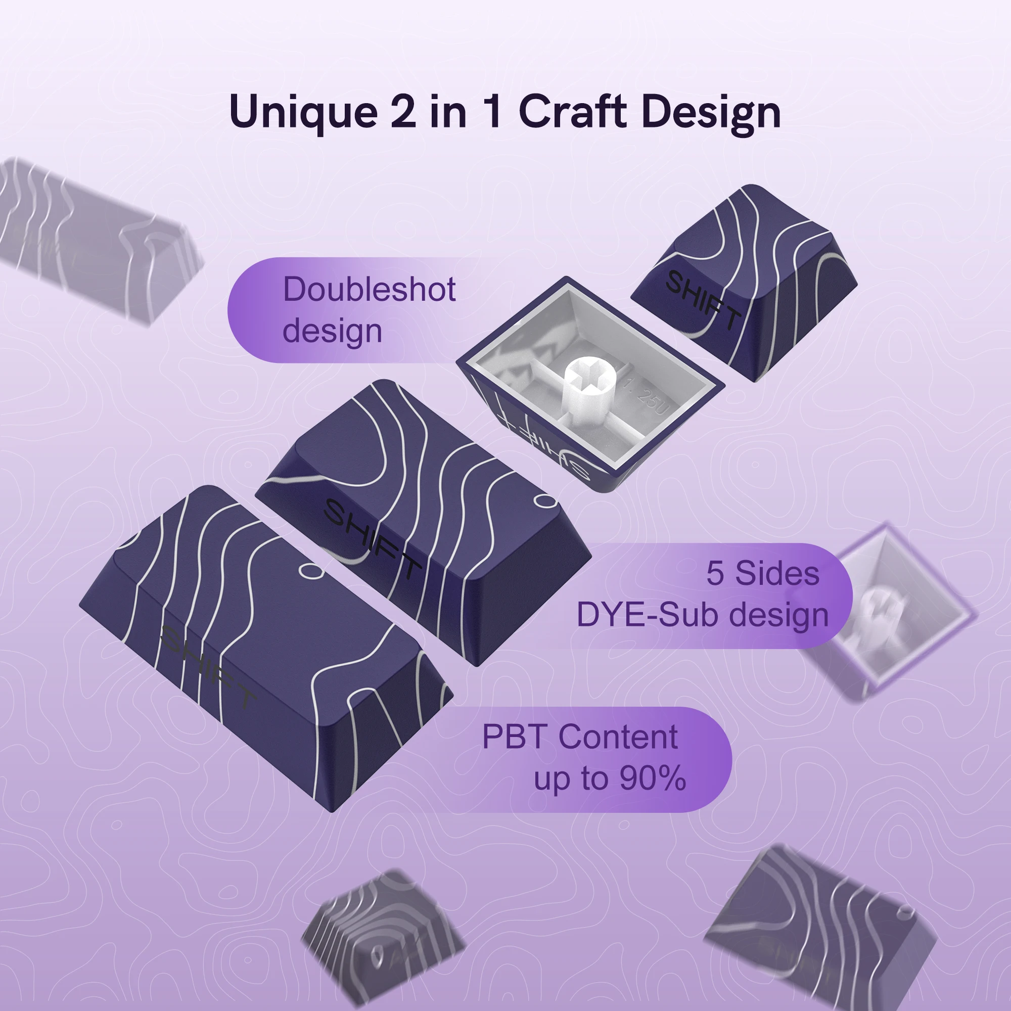 130-клавишные колпачки для клавиш Double Shot Dye Sub PBT с фиолетовым топографическим