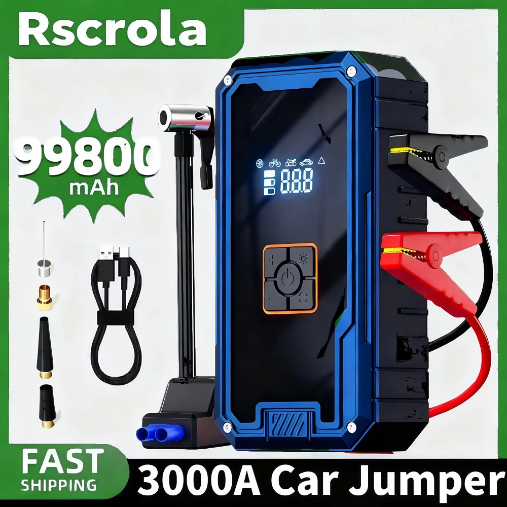 Фото 3000A 12V Автомобильный стартерный воздушный компрессор с аккумулятором 99800mah Пиковый портативный аккумуляторный стартер 150PSI Воздушный насос со светодиодной подсветкой №1