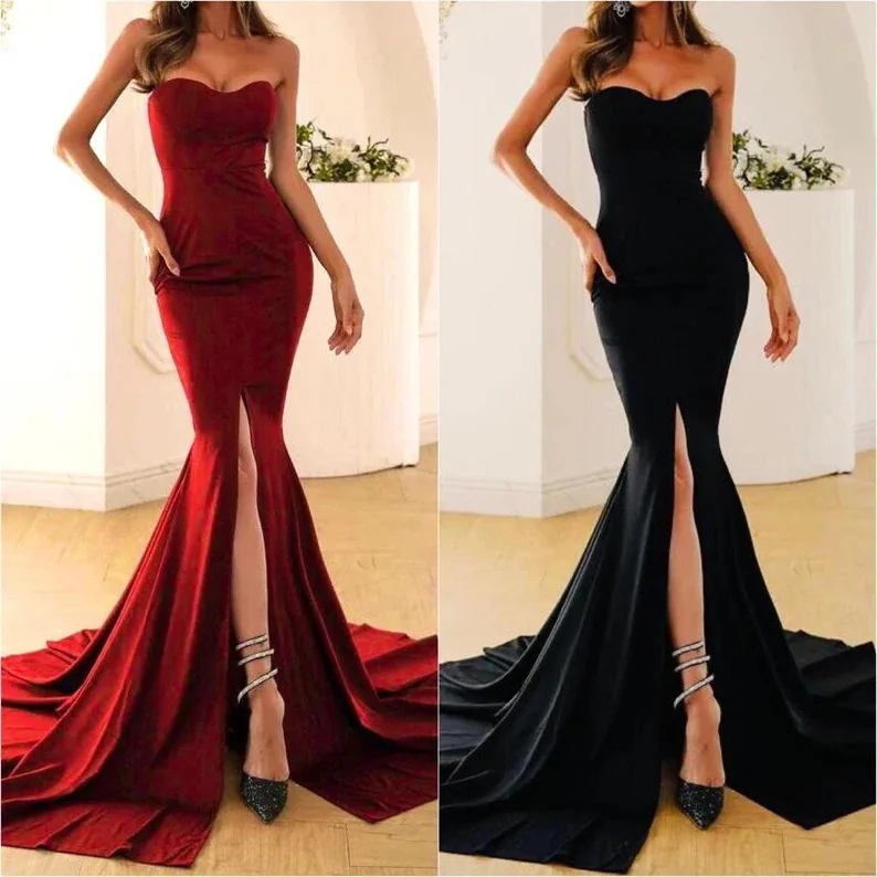 

Женское вечернее платье со шлейфом и разрезом спереди