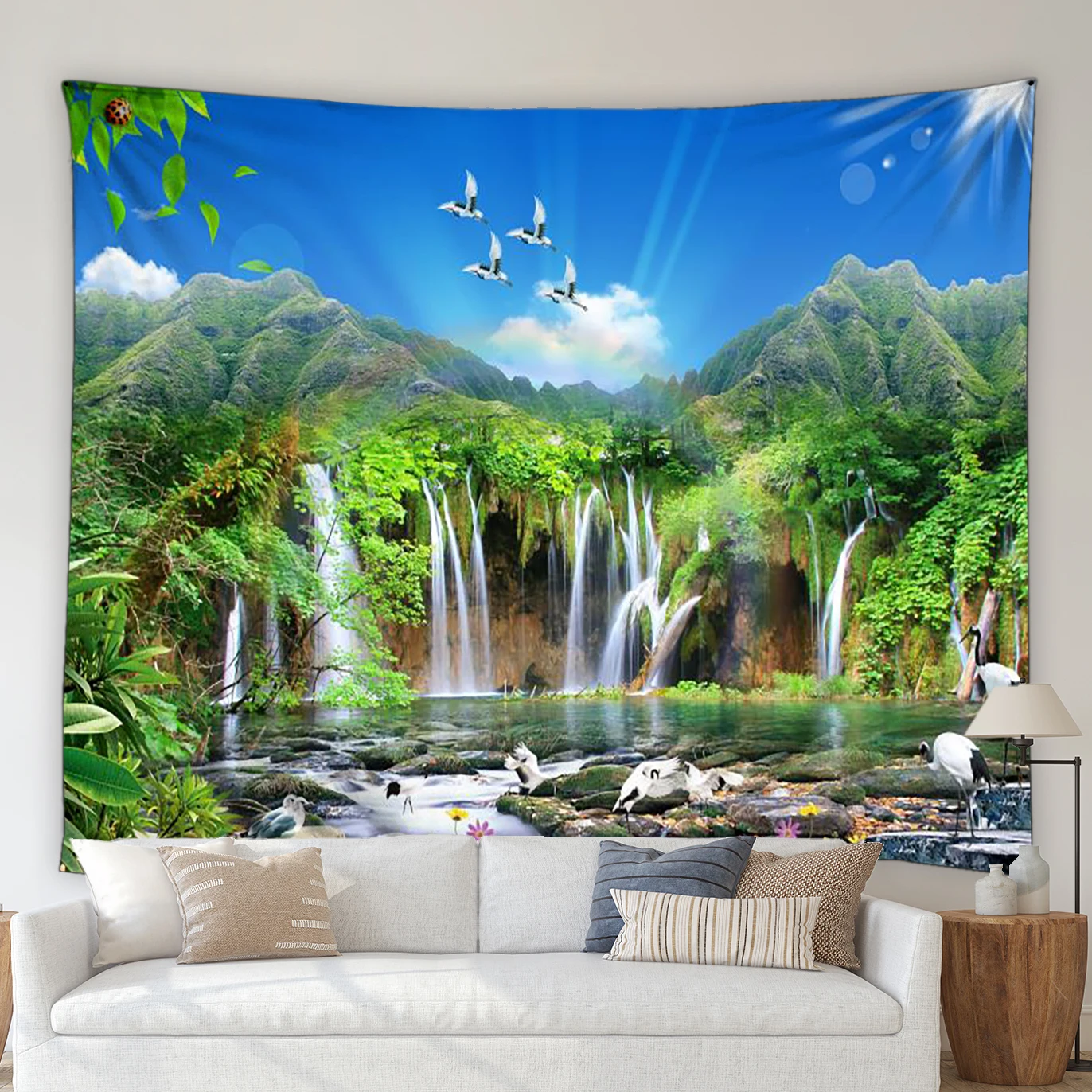 

Waterfall Landscape Tapestry Window View Lotus Pink Flower Green Forest Plant Mountain Living Room Bedroom Wall Hanging Blanket