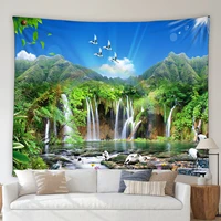 waterfall landscape tapestry window view lotus pink flower green forest plant mountain living room bedroom wall hanging blanket