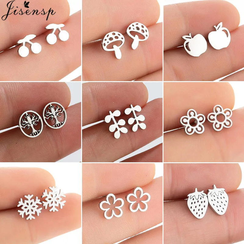 

Серьги-гвоздики женские из нержавеющей стали, Крошечные Ювелирные Украшения Для Пирсинга Ушей в виде вишни, яблока, снежинки, цветка, листа, корейский стиль