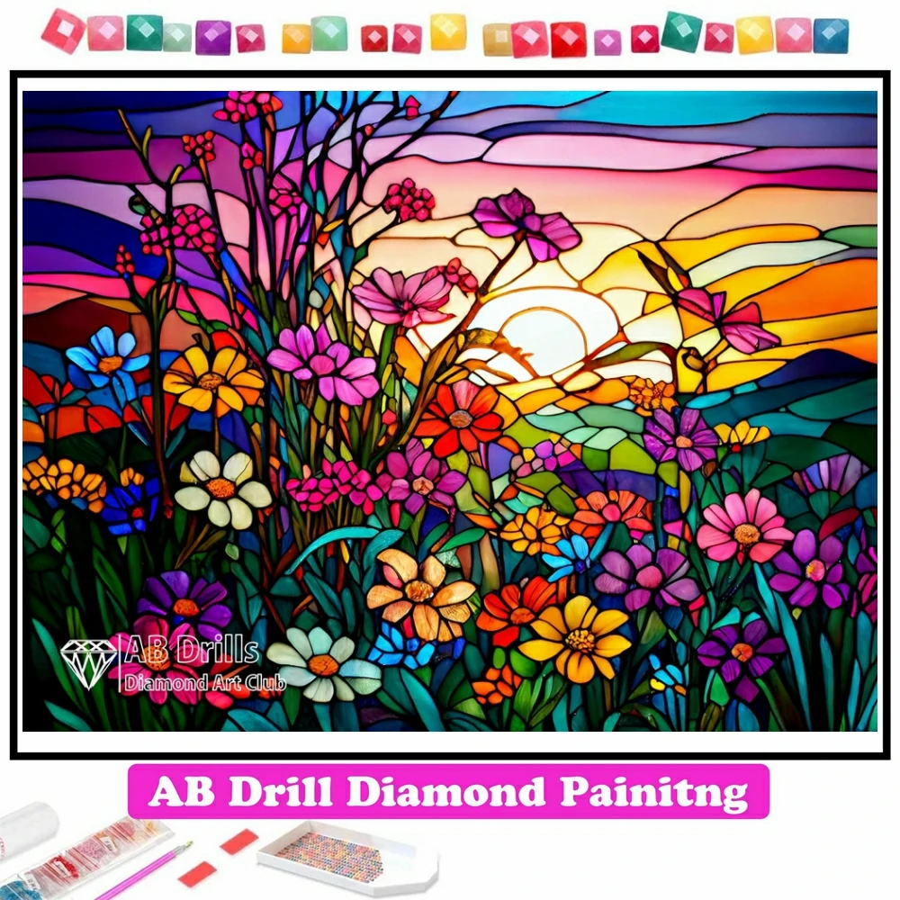 

Colorful Wildflowers Stained Glass AB Diamond Painting Embroidery Fantasy Landscape Cross Stitch Mosaic Handicraft Home Decor