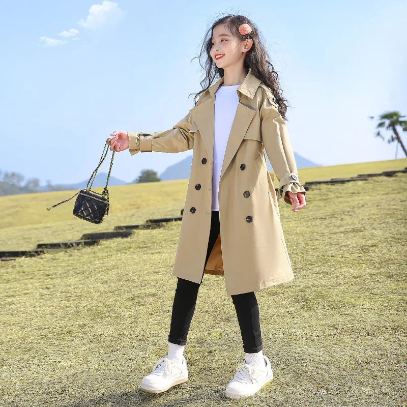 

2022 New Spring Autumn Children Outerwear Fashion Girl Long Trench Toddler Jacket England Style Windbreaker 4-12Y Kids Clothes