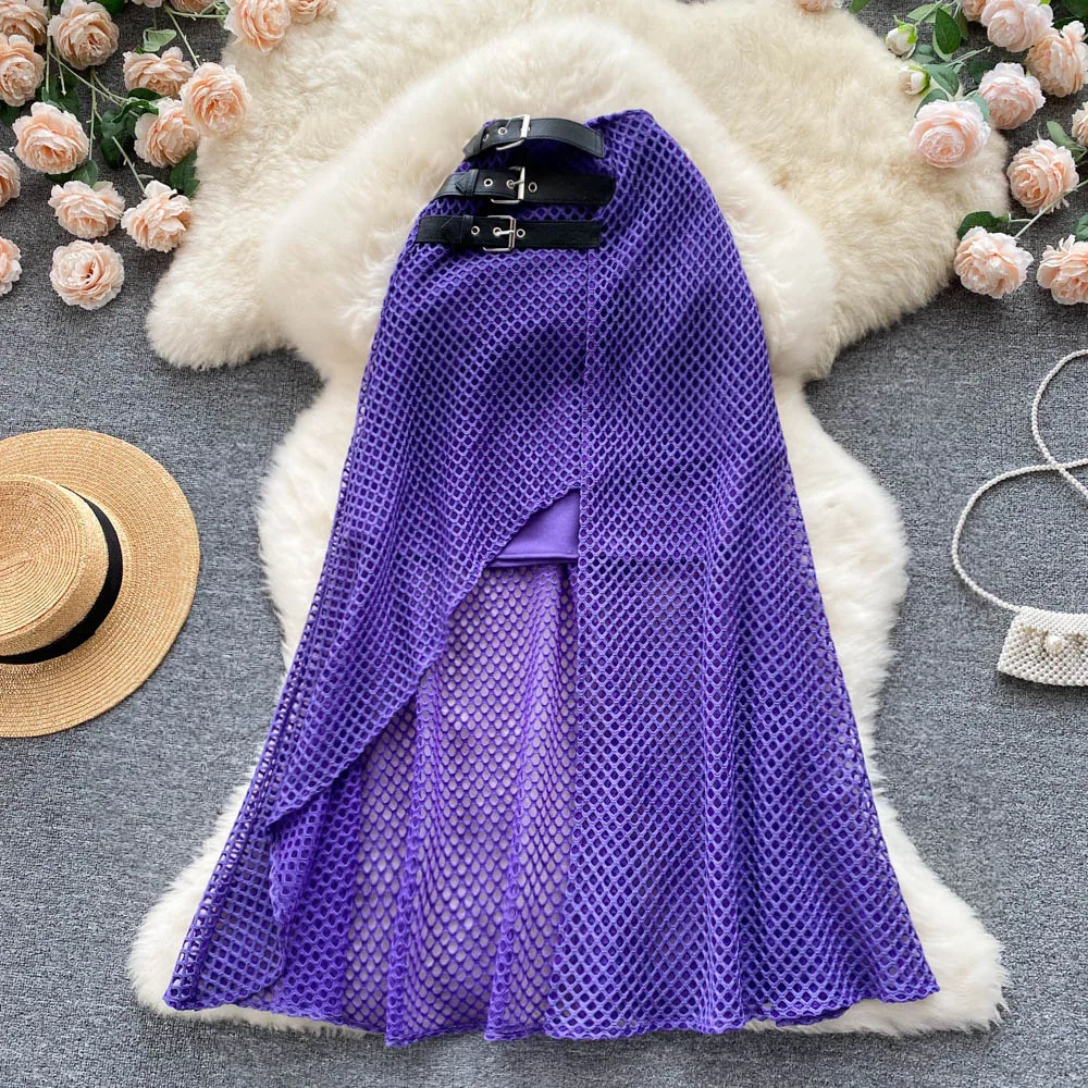 

Women New Summer Split Skirt Seaside Holiday Elegant High Waist A-line Skirts Solid Color Korean Fashion Clothing G408
