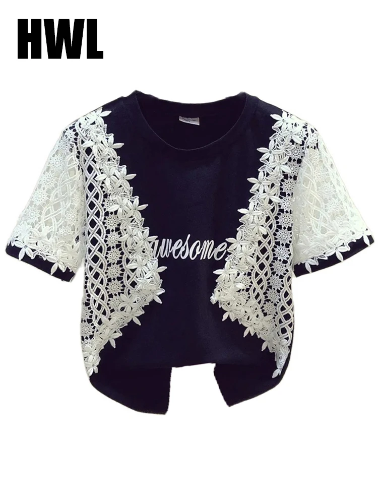 

Summer Cotton T-shirt Women's lace Stitching Fake Two-piece Printing Short Sleeve Casual Loose Top Women T Shirt