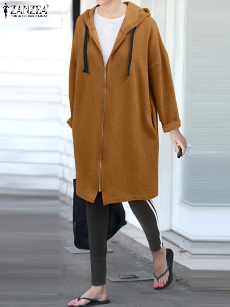 

ZANZEA Women 2023 Sweatshirts Long Sleeve Hoodies Hooded Pullovers Loose Zip Up Streetwear Oversized Casual Solid Loose Outwears