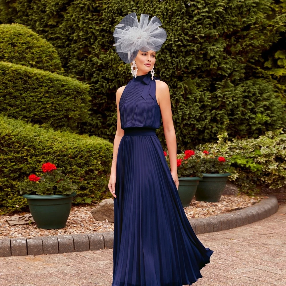 Customized Gorgeous Navy Blue Mother of Bride Dresses for Women Sleeveless Pleat Wedding Party Gown Vestido De Noche