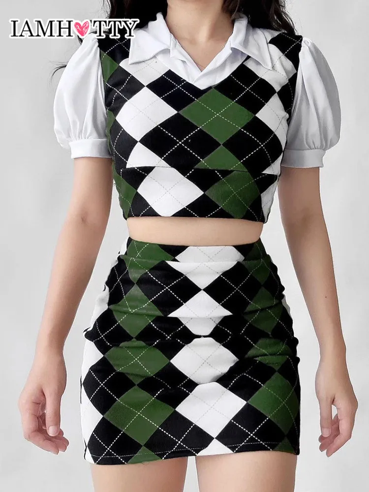 

IAMHOTTY Preppy Style Plaid Print Patchwork Crop Top And Mini Skirt Two Piece Set Women Korean Fashion Skirts Suit Retro Outfit