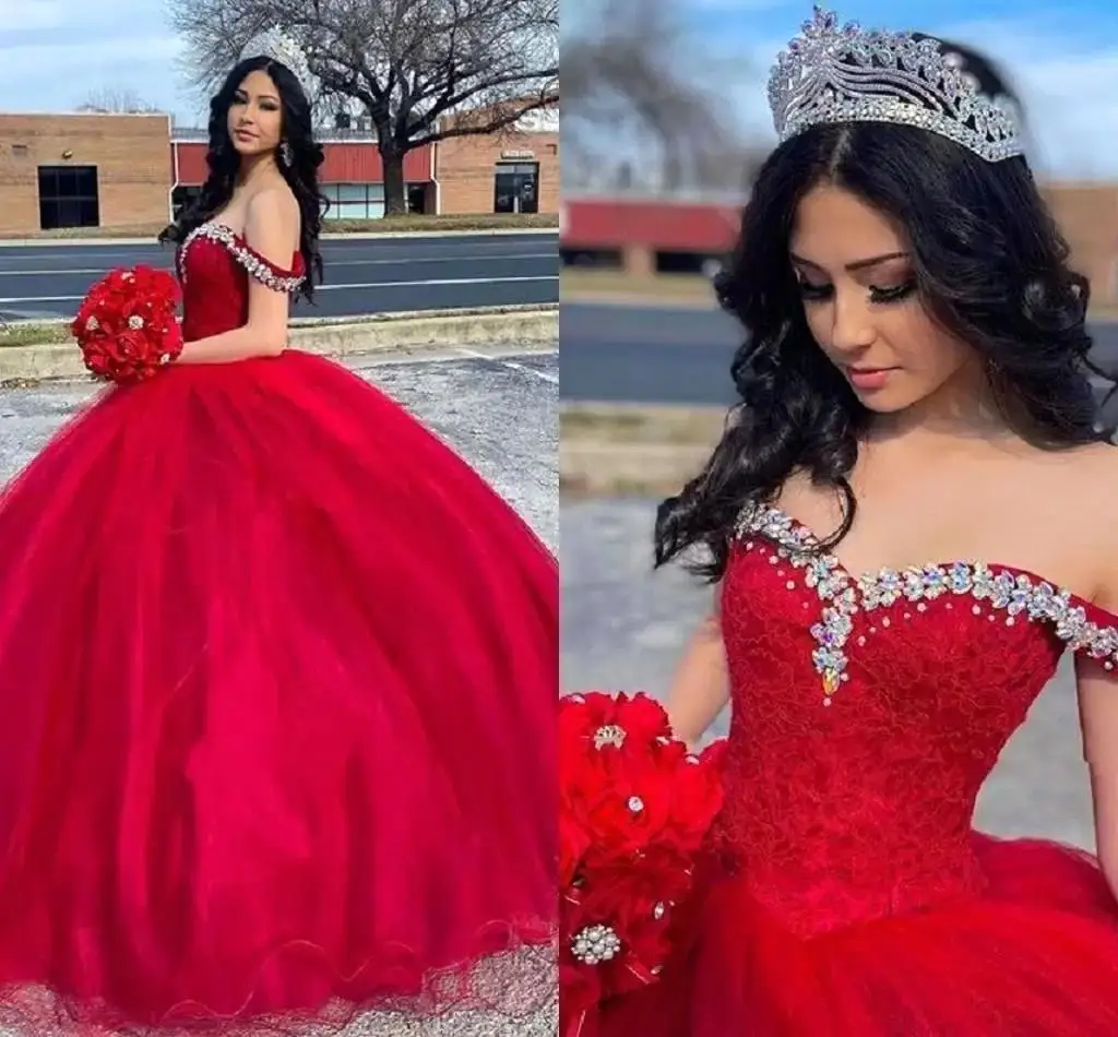 

Red Quinceanera Dresses Beaded Crystals Tulle Lace Up Back Formal Pageant Gown Sweet 16 Birthday Party Ballgown Floor Length Cus
