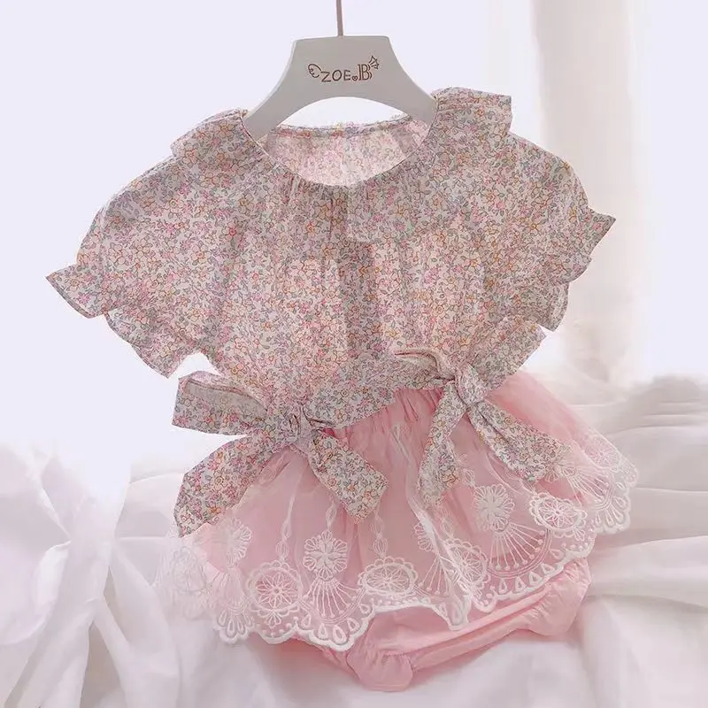 

2022 Summer Baby Girl Clothing Set Retro Fashion Petal T-Shirt Short Sleeve + Bow Lace Mesh Double Shorts Skirt Newborn Clothing