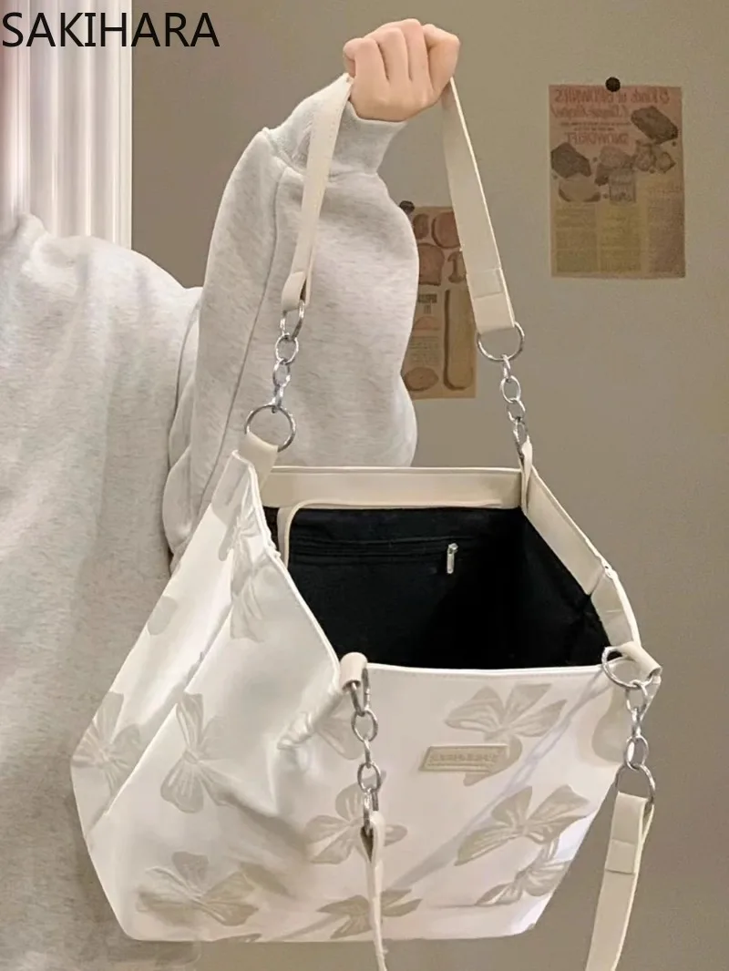 

Purses and Handbags Large Capacity Canvas Patchwork Bow Fashion Casual PU Leather Y2K Aesthetic Temperament Shoulder Bag Mujer