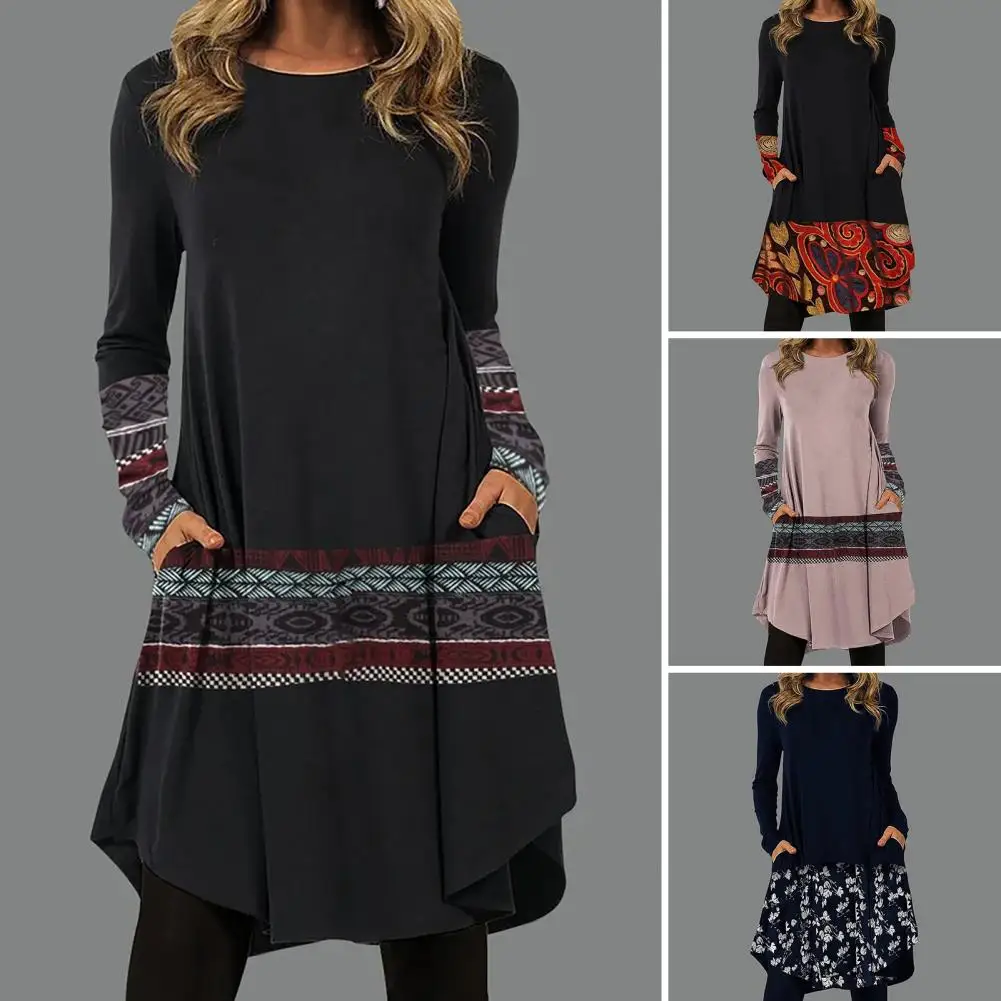 

Autumn And Winter New Women's Fashion Splice Round Neck Slim Fit Long Sleeve Printed A-Line Dress Plus Size Elegant Dress 2022
