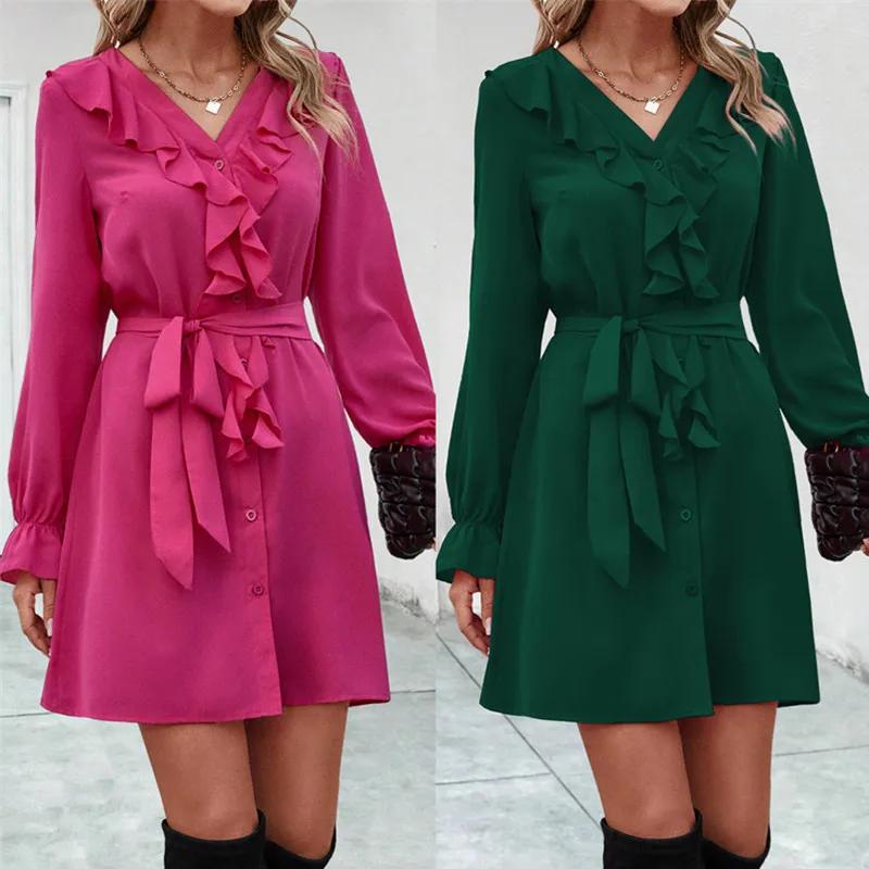 

Элегантное женское платье, модное мини-платье-рубашка с оборками, длинным рукавом, пуговицами и поясом, офисные женские платья, Новое поступление, весна-осень 2023