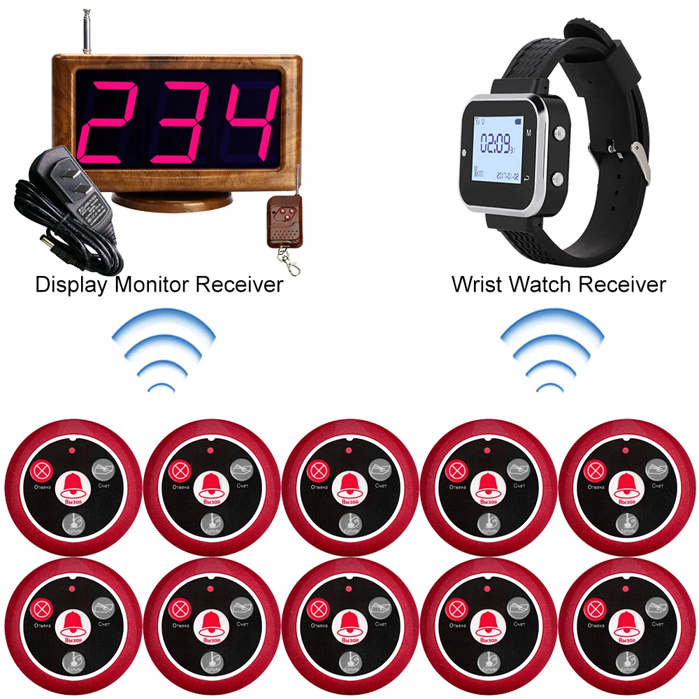 JINGLE BELLS Wireless Calling Paging System Restaurant Pager 1 Waiter Watch in Russian 10 Table Buttons 1 Display Receiver