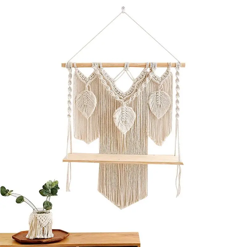 

Wall Hanging Woven Tapestry Shelf Bohemian Beige Geometric Wave Art Decor With Rack And Tassel Elegant Apartment Bedroom Dorm