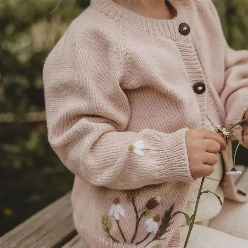 

Spring Winter Girls Cardigans Long Sleeve Warm Child Tops Clothes Kids Baby Pink Hand Knit Flower Coats Children's Sweater