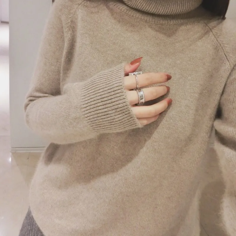 Свитер с высоким воротником женские толстые теплые свободные пуловеры вязаные