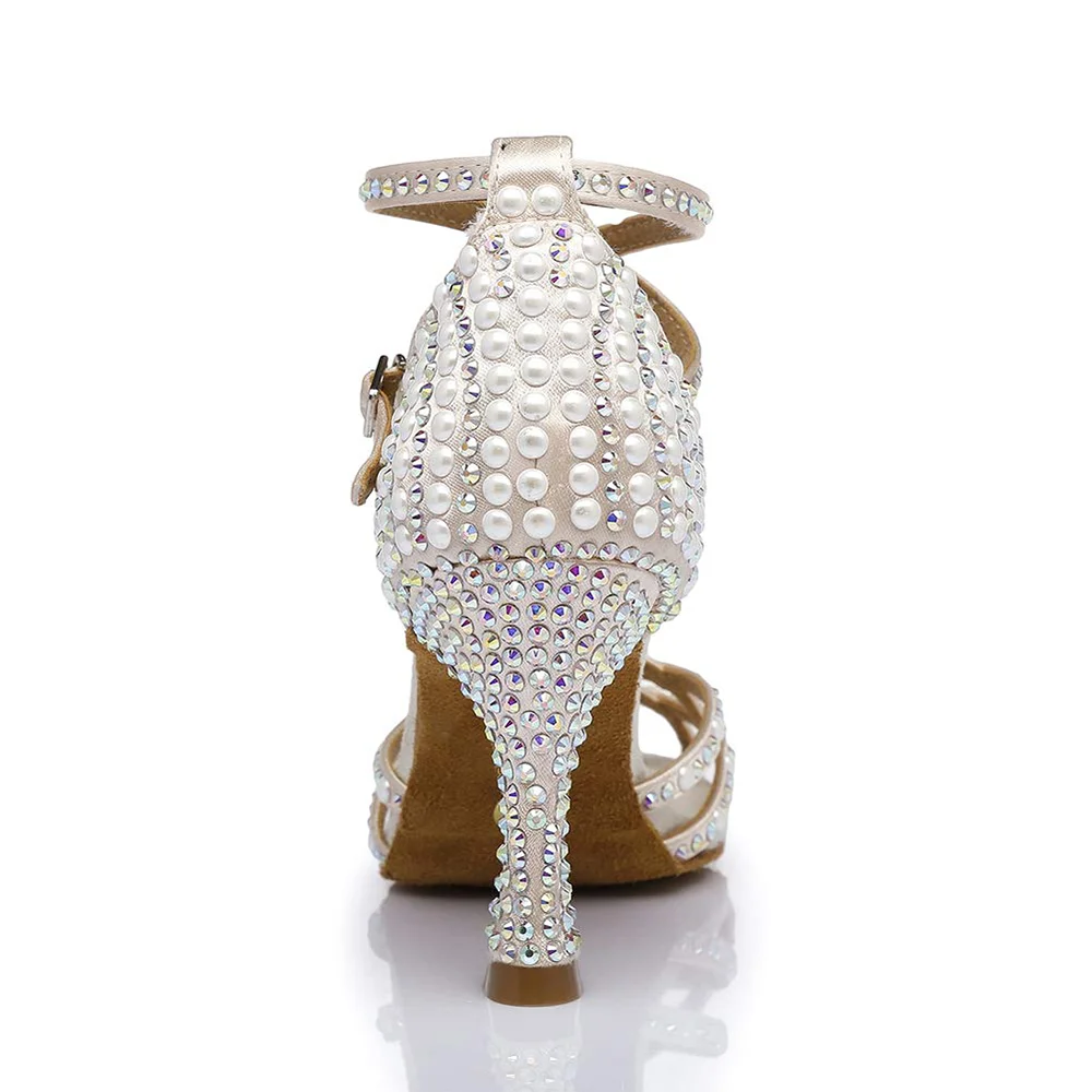 Dance Shoes With Rhinestones Pearls Women Ballroom Latin Dancing Shoes For Girls Latin Dance Shoes Tango Bachata Dance Shoe