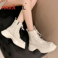 haraval women fashion ankle boots cross lace up patent leather lady party casual thick mig heesl squared toe waterprof platform