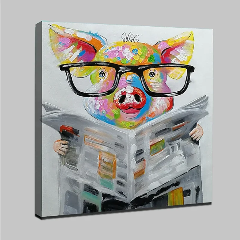 

Professional Artist 100% Handmade Colored Pig Reading Animals Oil Painting For Room Decoration