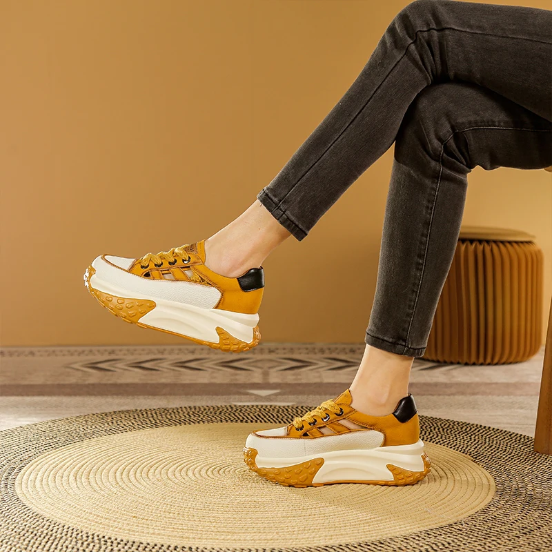 Summer Leather Hollowed Out Shoes Female 2023 New Thick Sole Sports Leisure Board Shoes Female Retro Small Height Women's Shoes