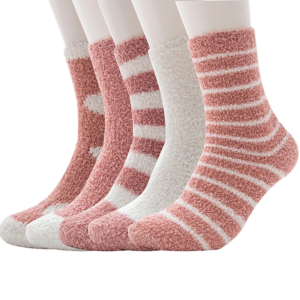 

5 Pairs Winter Warm Fluffy Socks Women's Cute Dot Striped Soft Elastic Coral Velvet Sock Breathable Indoor Floor Towel Socks Sox