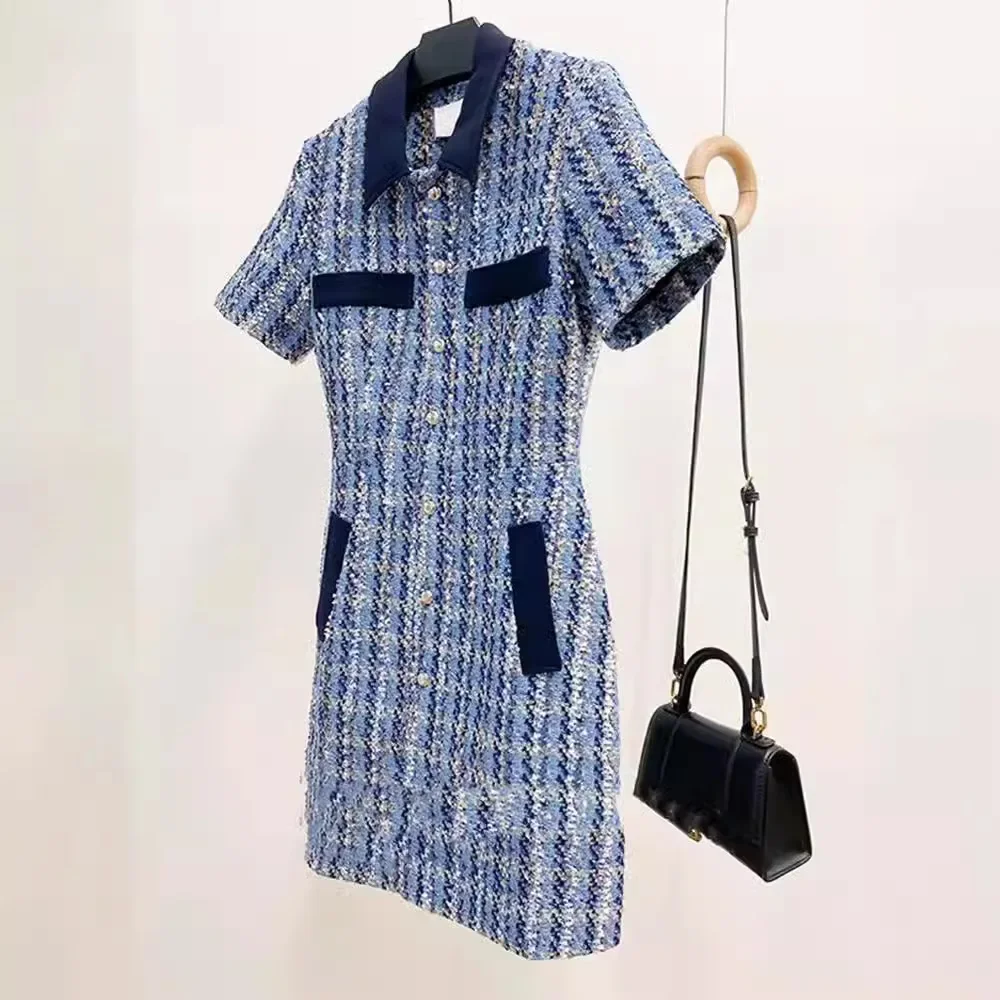 Летнее клетчатое платье из грубого твида во французском стиле дизайн с