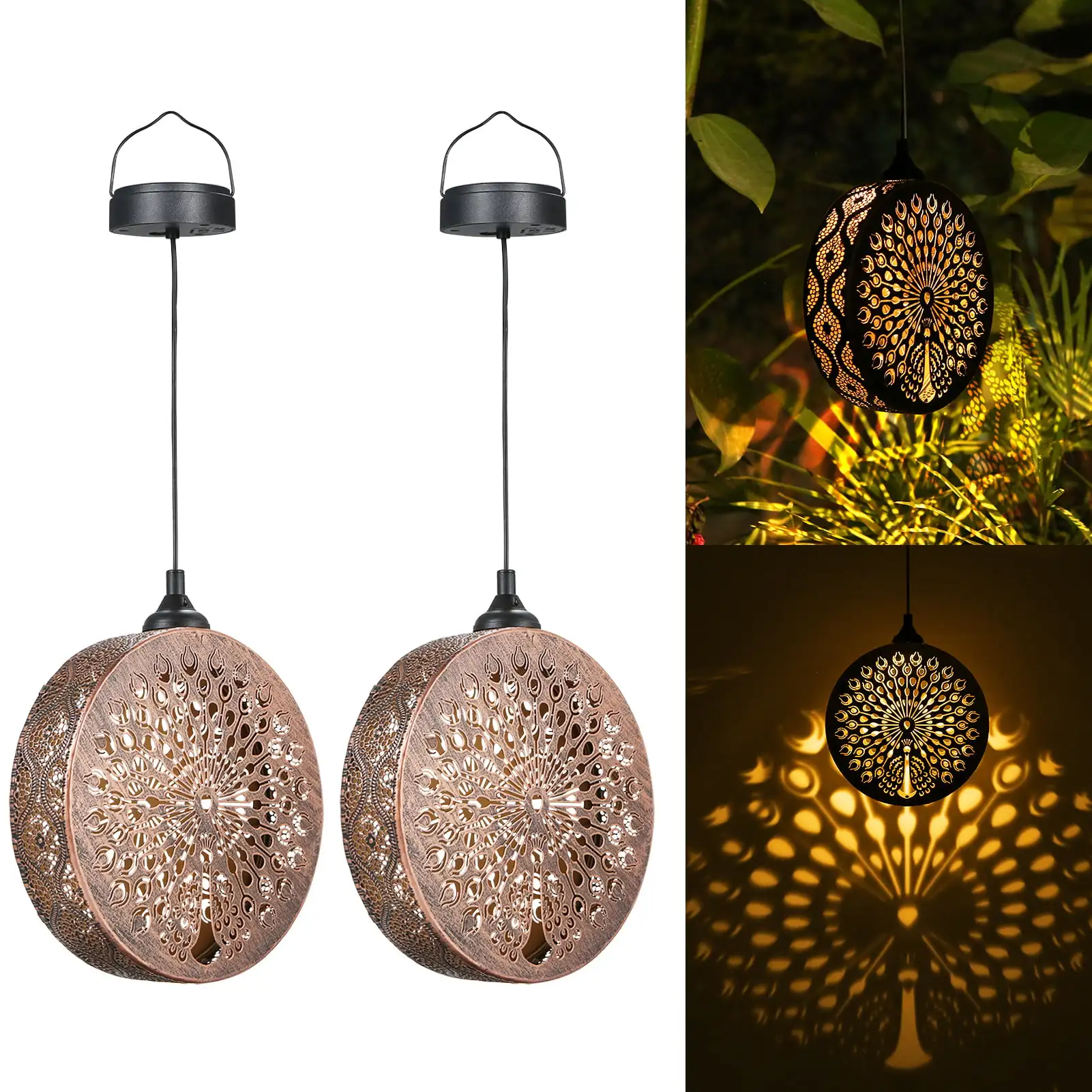 

2 Pack Outdoor Solar Hanging Lantern Lights, Metal LED Waterproof Decorative Light with Hollowed-Out Peacock Design for Garden P