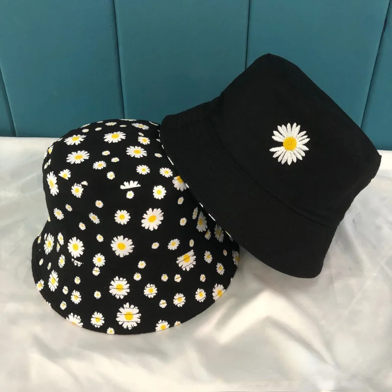 

Korean Daisy Embroidery Bucket Hats Reversible Beach Panama Bob Caps Summer Double-sided Cotton Sun Fisherman Hat for Women Men