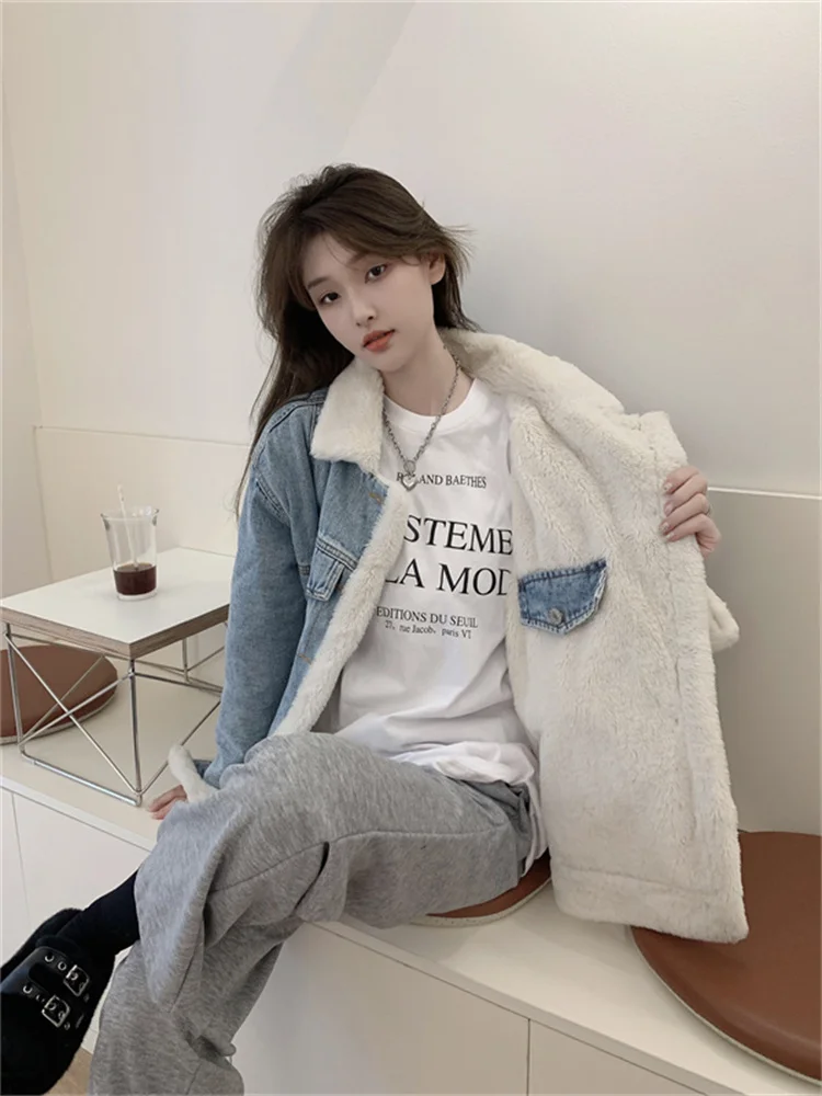 

Winter Vintage Denim Jacket Women Korean Style Thickened Long Sleeve Lapel Fleece Quilted Coat Fashion Double-side Streetwear