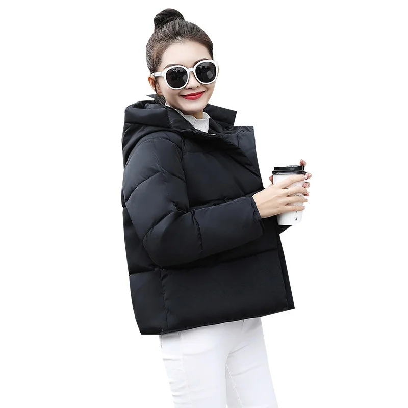 Korean Fashion Winter Thicken Short Down Coat Office Lady Casual Commute Zipper Hooded Parkas Solid Colors Big Pocket Overcoats