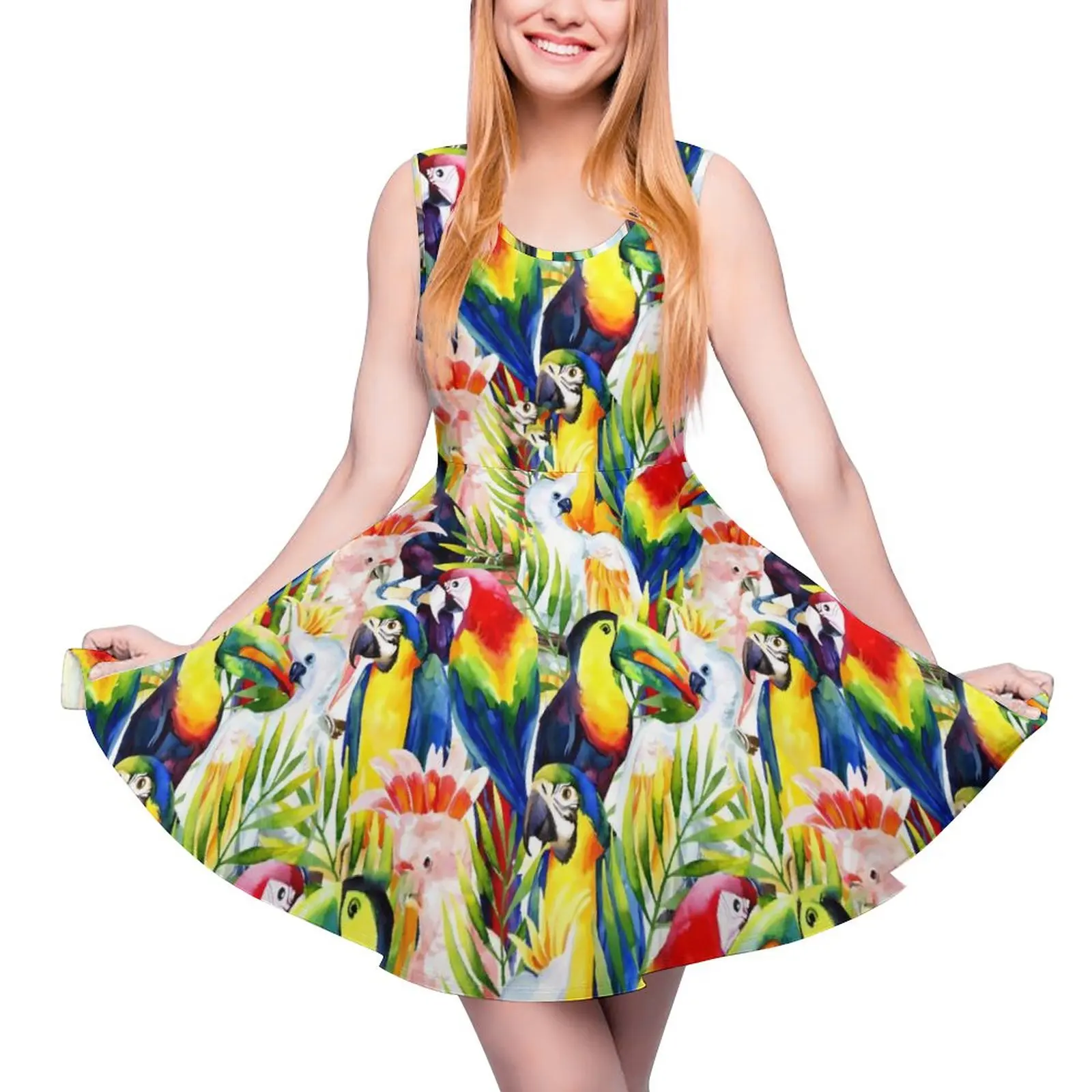 

Пляжное платье в стиле бохо с тропическими искусственными попугаями и пальмовыми листьями, Повседневное платье с высокой талией для скейтбординга, женское графическое платье, подарок на день рождения