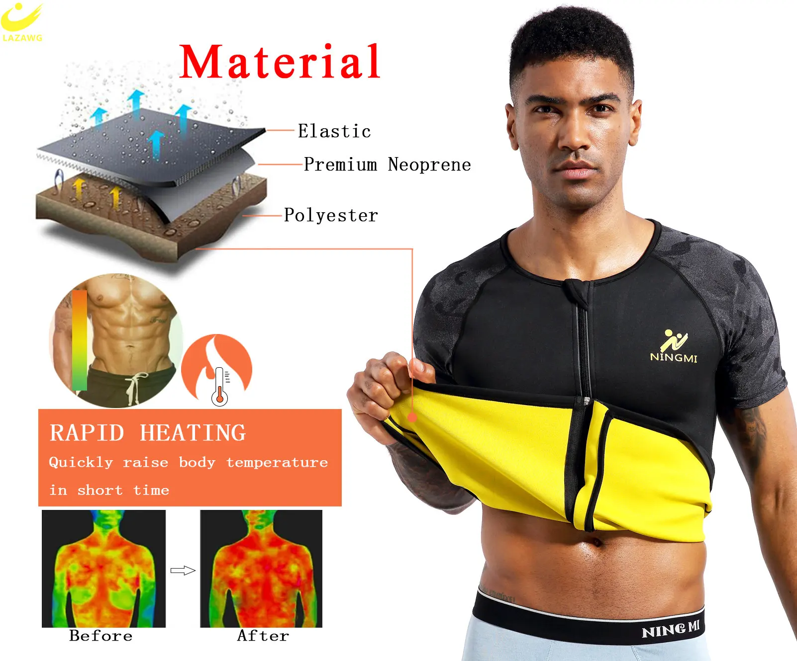 LAZAWG SaunaT-Shirt for Men Sweat Top Weight Loss Slimming Short Sleeve Body Shaper Fat Burner Gym Exercise Sport Workout