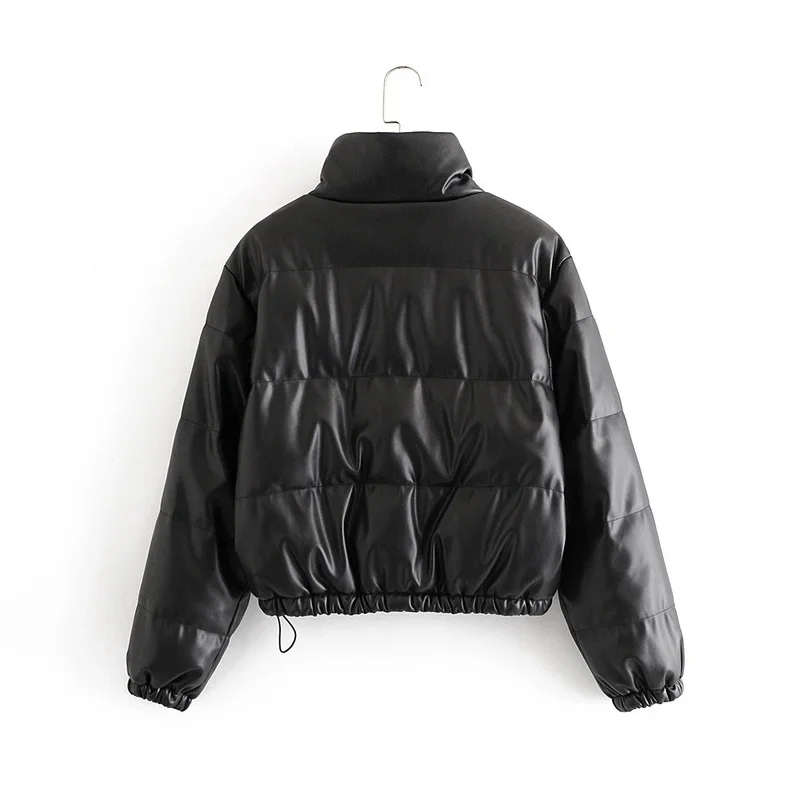 Women Fashion Black PU Leather Coat 2021 Winter Thick Warm Short Parkas Female Elegant Zipper Button Cotton Padded Jacket Ladies