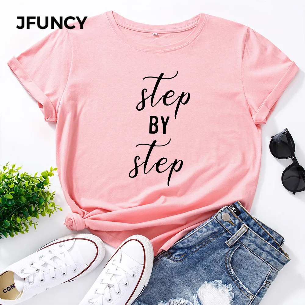 JFUNCY Letters Print T Shirt Women Short Sleeve Cotton T-shirt Female Summer Tees Woman Tops  S-5XL Lady Shirts