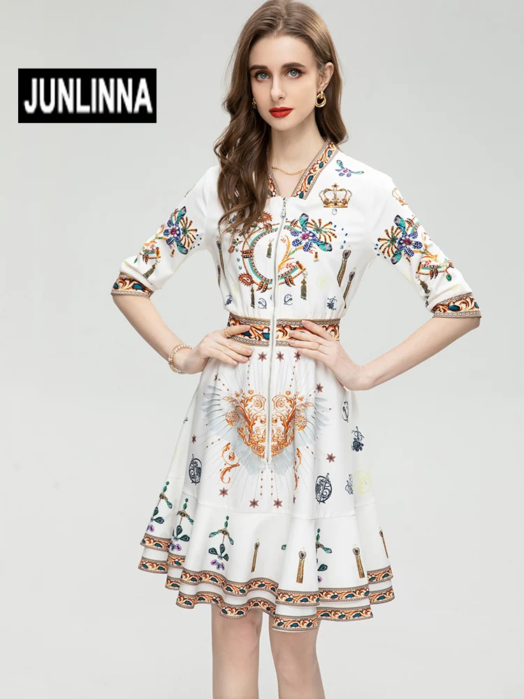 

JUNLINNA Fashion Women Sweets Dress Spring Summer Fixed Position Printing Vestidos Double Layer Expansion Party Vacation