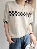 plaid print o neck short sleeve t shirt women 2022 new white and black tshort casual clothes knitted tops summer tee shirt femme