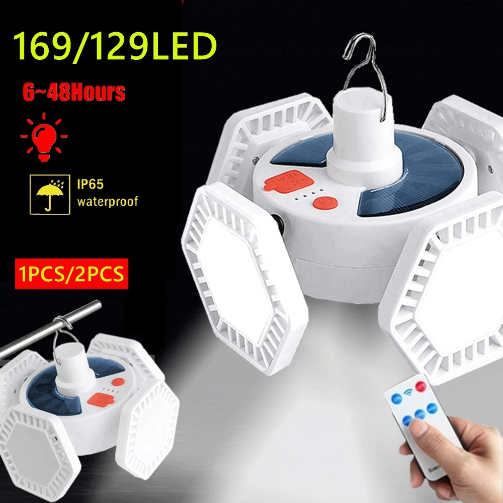 

1/2pcs 169 LED Folding Camping Light Tent Lantern Waterproof with Solar Rechargeable 5 Modes With Remote Controler Portable Lamp