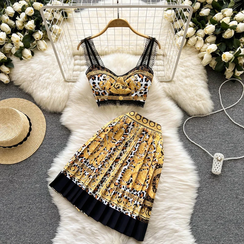 

Two Pieces Golden Floral Dress Dresses for Women 2022 Summer Boho Beach Ruffles Vest Skirt Suit Women Sundress Female Clothing