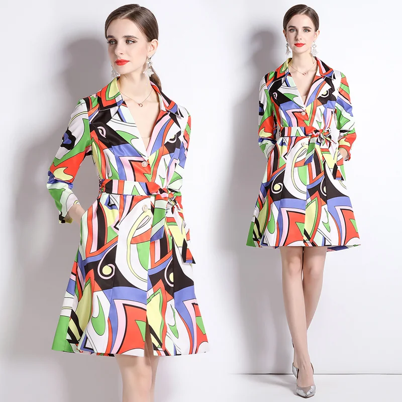 

Fashion print suit collar coat female spring and autumn temperament collect waist breasted long windbreaker XA9217090