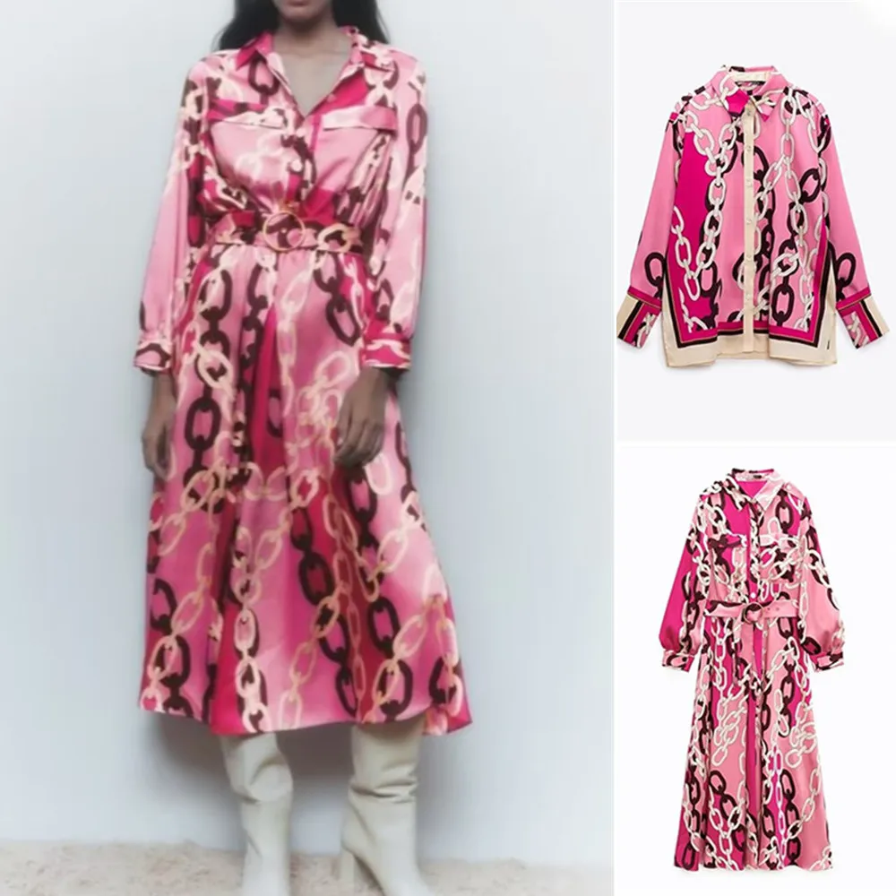 

Новый Атласный Костюм BM & MD & ZA с принтом цепей, темпераментное платье + рубашка 8534215 8423277