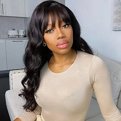 Body Wave Human Hair Wigs With Bangs Brazilian 18 Inch Full Machine Made Wig With Bang Long Natural Remy Human Hair For Women enlarge