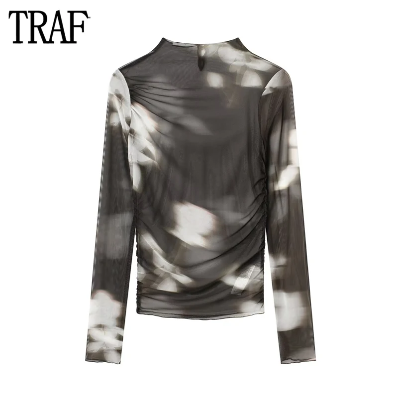 

TRAF Print Tulle Top Women Semi Sheer Ruched Blouse Female Long Sleeve Mesh Top Female Winter Turtleneck Women Tops and Blouses