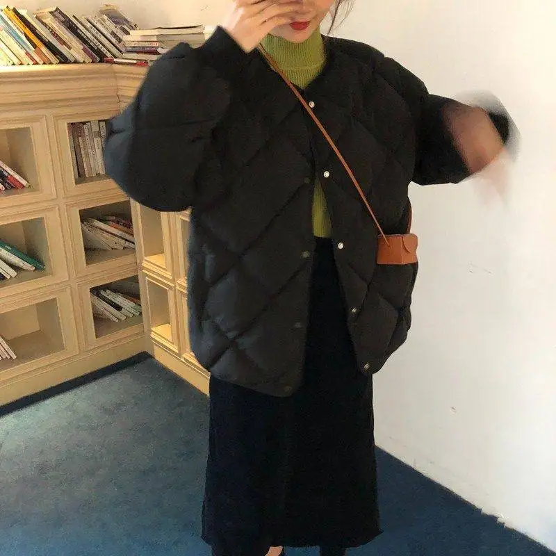 Casual Women's Clothing Winter Ladies 2022 New Fashion Down Cotton Jacket Pure Color Simple Diamond Lattice Warm Cotton Jacket